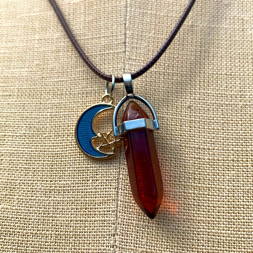 Handmade Amber Colored Resin Dagger Crystal Amulet Necklace with Moon Charm - Picture 1 of 5
